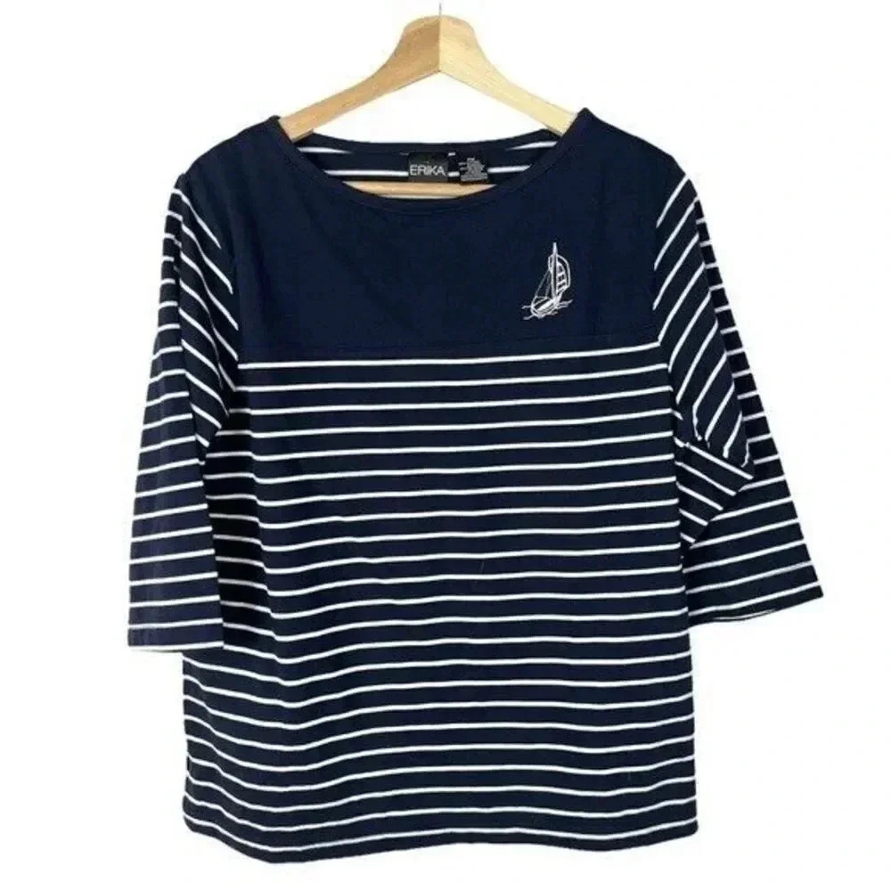Erika Navy Blue & White Nautical Stripe 3/4 Sleeve Long Sleeve M
